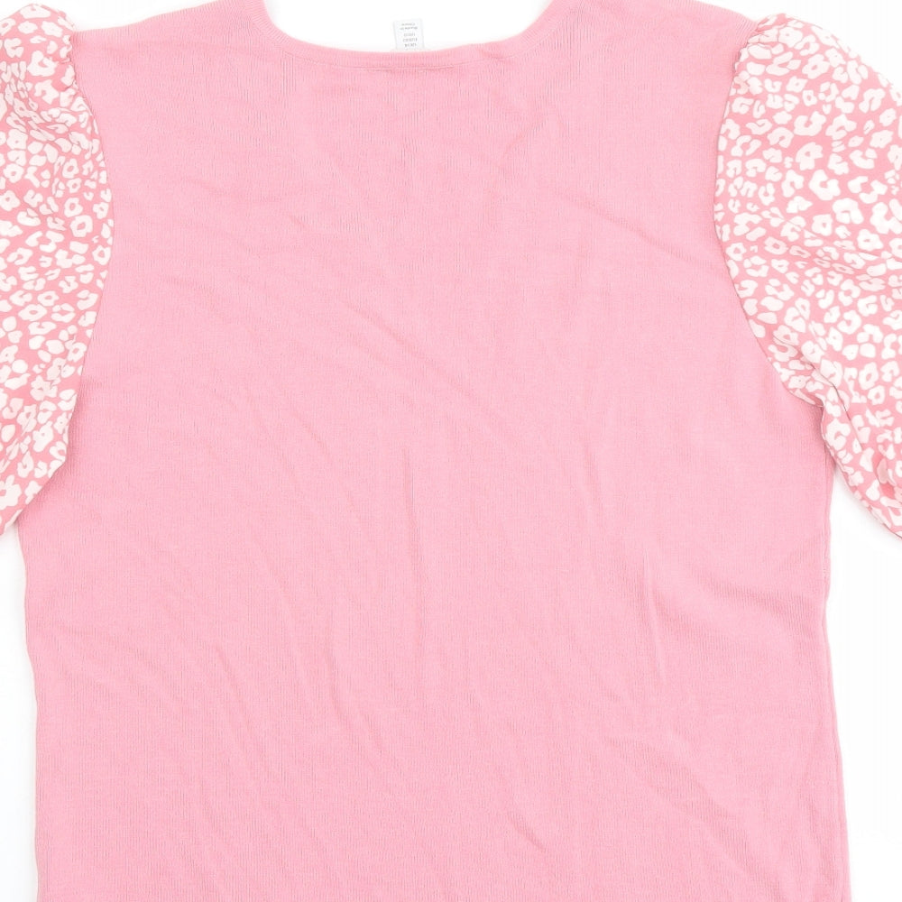 M&Co Womens Pink Geometric Viscose Basic T-Shirt Size 14 V-Neck