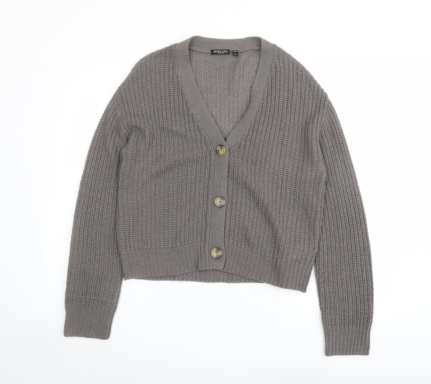 Brave Soul Womens Grey V-Neck Acrylic Cardigan Jumper Size M