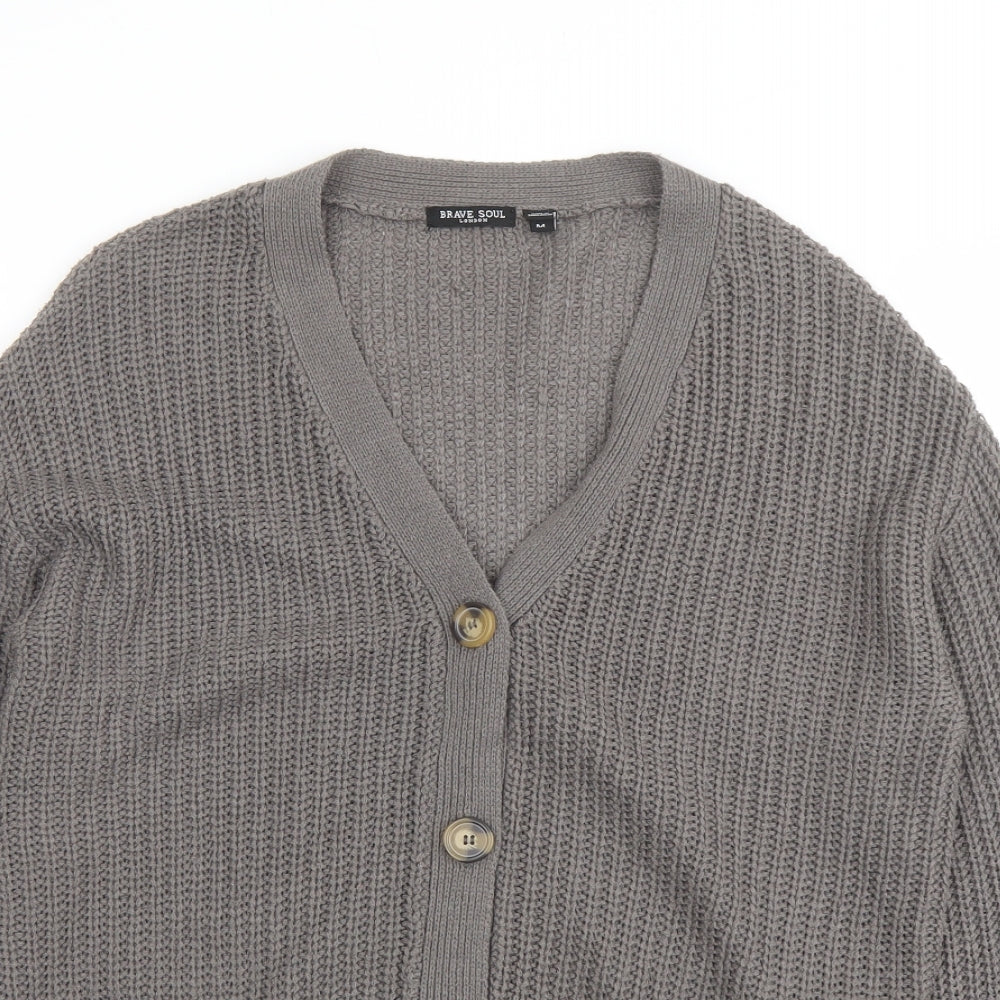 Brave Soul Womens Grey V-Neck Acrylic Cardigan Jumper Size M