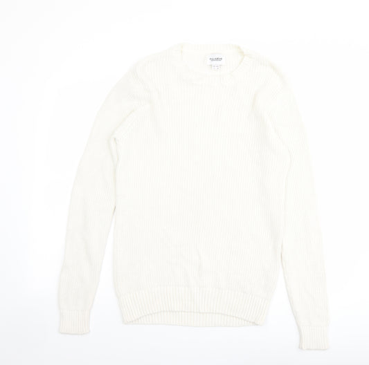 Pull&Bear Mens Ivory Round Neck Cotton Pullover Jumper Size S Long Sleeve