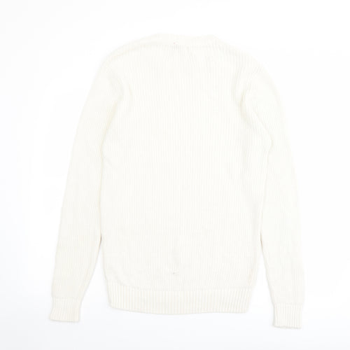 Pull&Bear Mens Ivory Round Neck Cotton Pullover Jumper Size S Long Sleeve