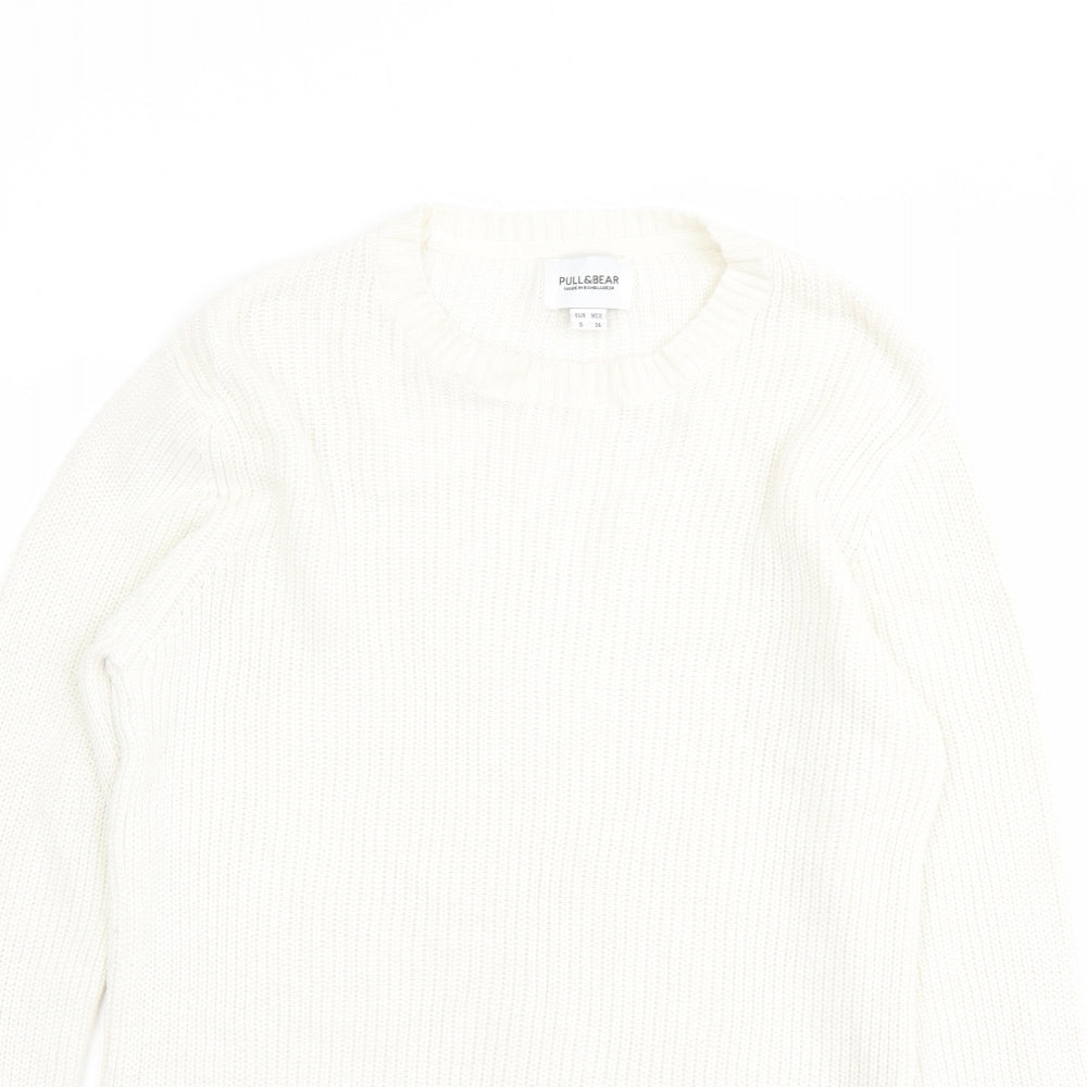 Pull&Bear Mens Ivory Round Neck Cotton Pullover Jumper Size S Long Sleeve