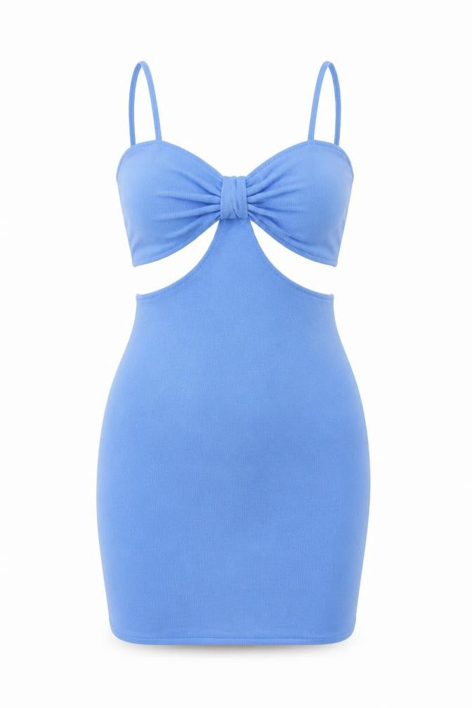 Front view of H&M women’s blue polyester bodycon, size L, sweetheart pullover