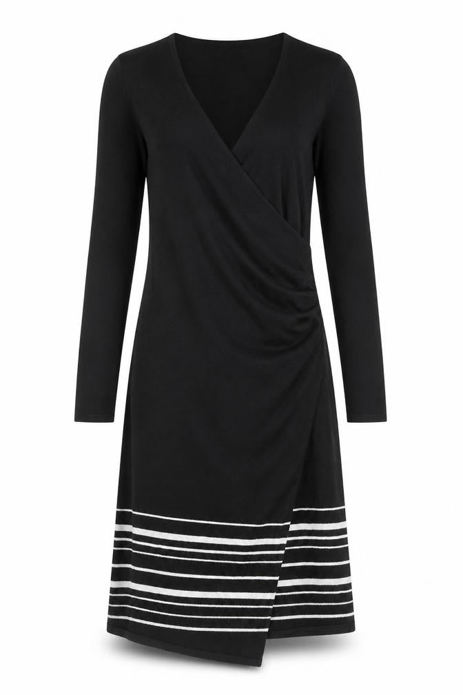 Front view of Monsoon women’s black striped viscose a-line, size UK 10, v-neck pullover