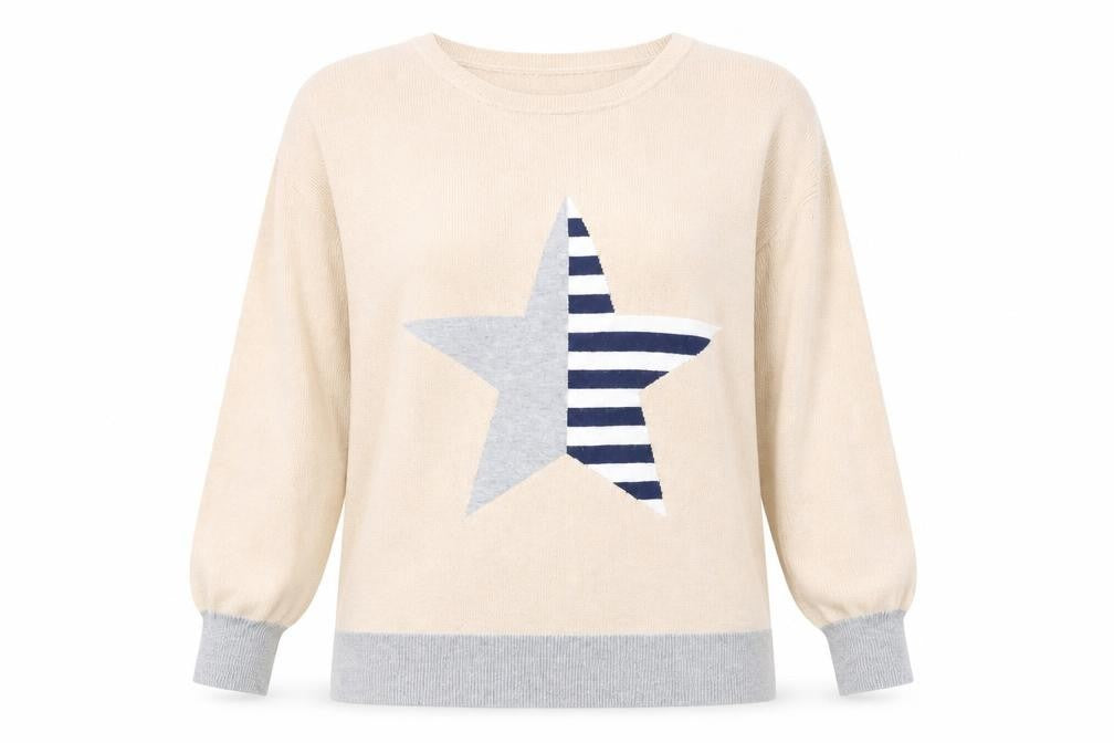 Front view of Mudflower women’s beige round neck viscose jumper, size M, - star