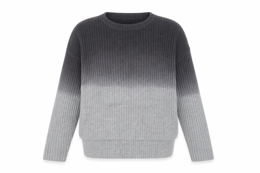 Front view of Topshop women’s grey round neck acrylic jumper, size UK 8