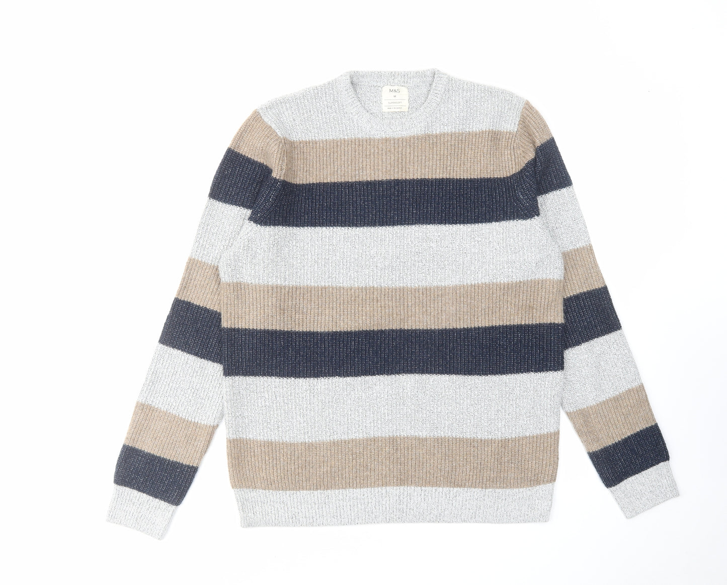 Marks and Spencer Mens Multicoloured Round Neck Striped Polyamide Pullover Jumper Size M Long Sleeve