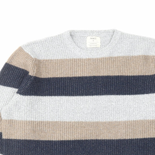 Marks and Spencer Mens Multicoloured Round Neck Striped Polyamide Pullover Jumper Size M Long Sleeve