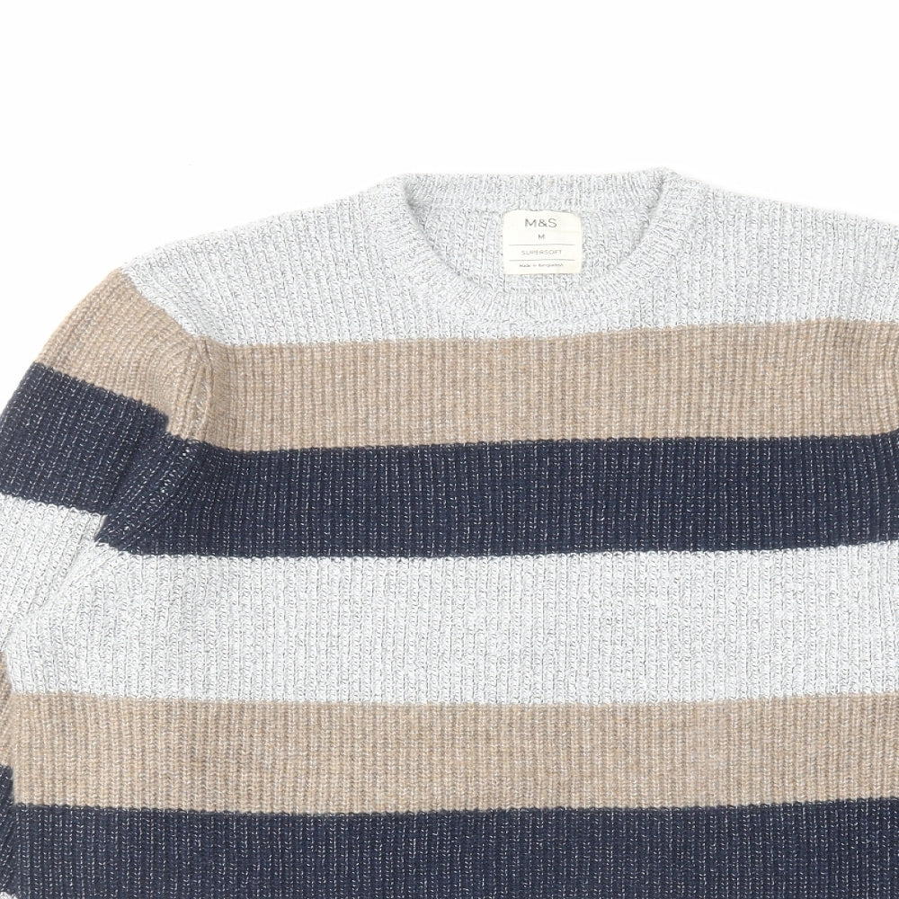 Marks and Spencer Mens Multicoloured Round Neck Striped Polyamide Pullover Jumper Size M Long Sleeve