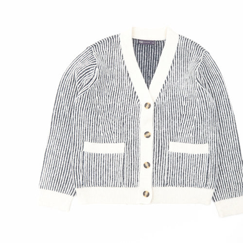 Marks and Spencer Womens Blue V-Neck Striped Acrylic Cardigan Jumper Size M
