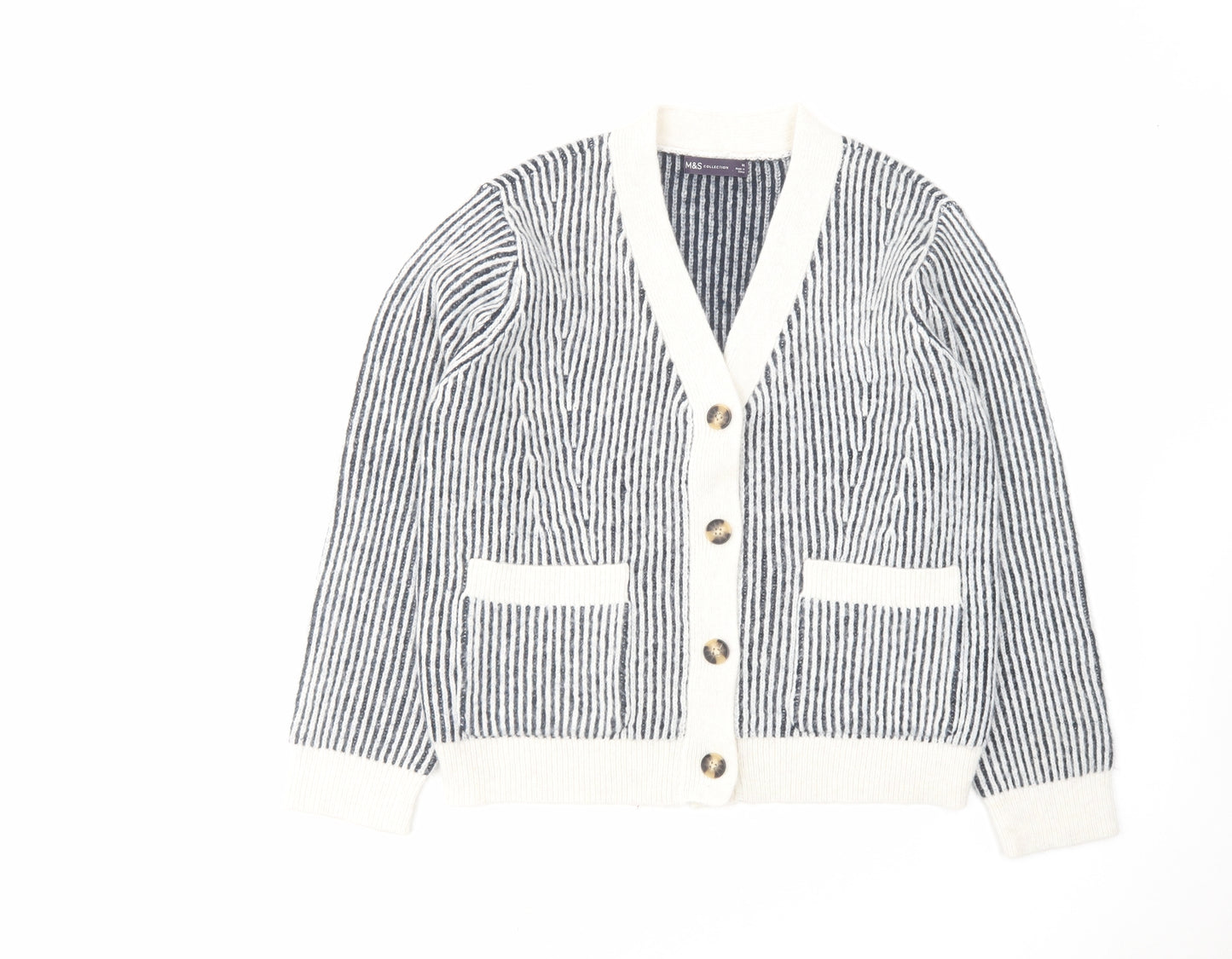 Marks and Spencer Womens Blue V-Neck Striped Acrylic Cardigan Jumper Size M