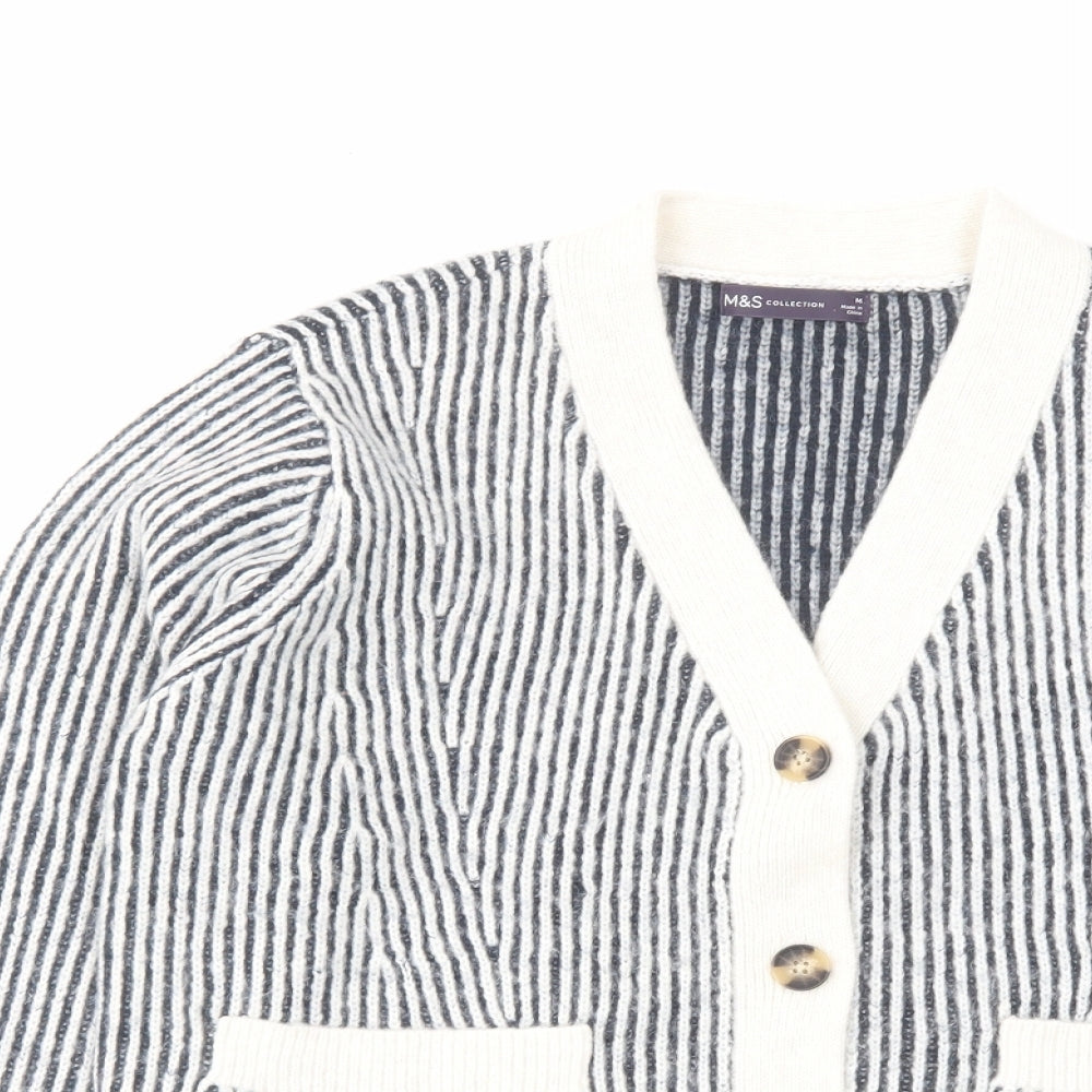 Marks and Spencer Womens Blue V-Neck Striped Acrylic Cardigan Jumper Size M
