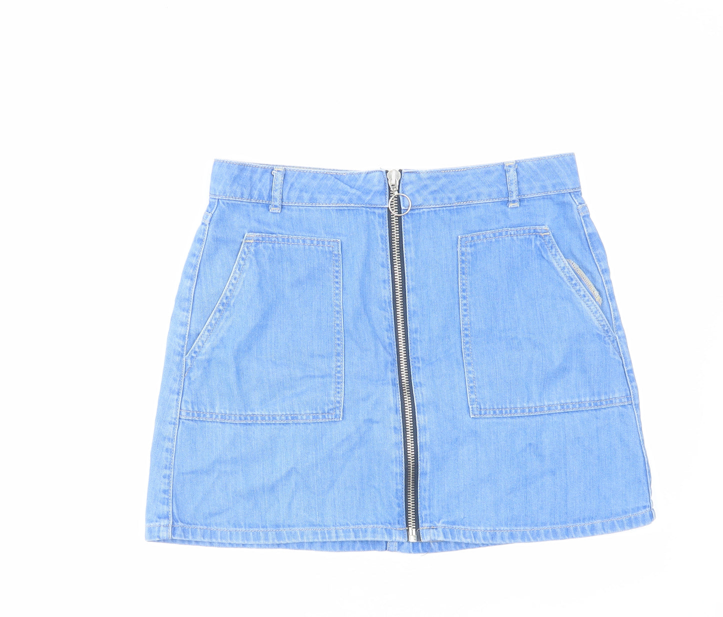 River Island Womens Blue Cotton Mini Skirt Size 10 Zip