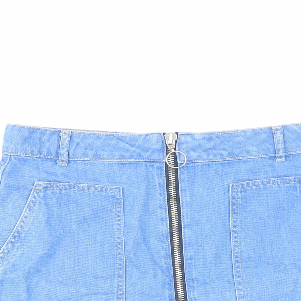 River Island Womens Blue Cotton Mini Skirt Size 10 Zip