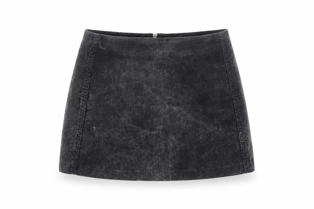 Front view of BDG women’s grey cotton mini skirt, size XS, zip