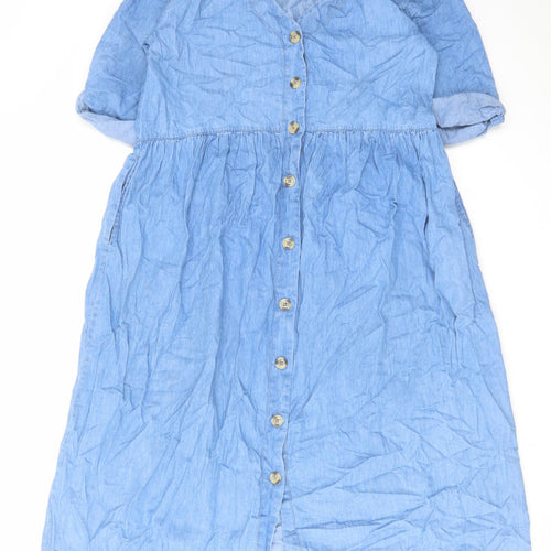 Warehouse Womens Blue Cotton A-Line Size 12 V-Neck Button