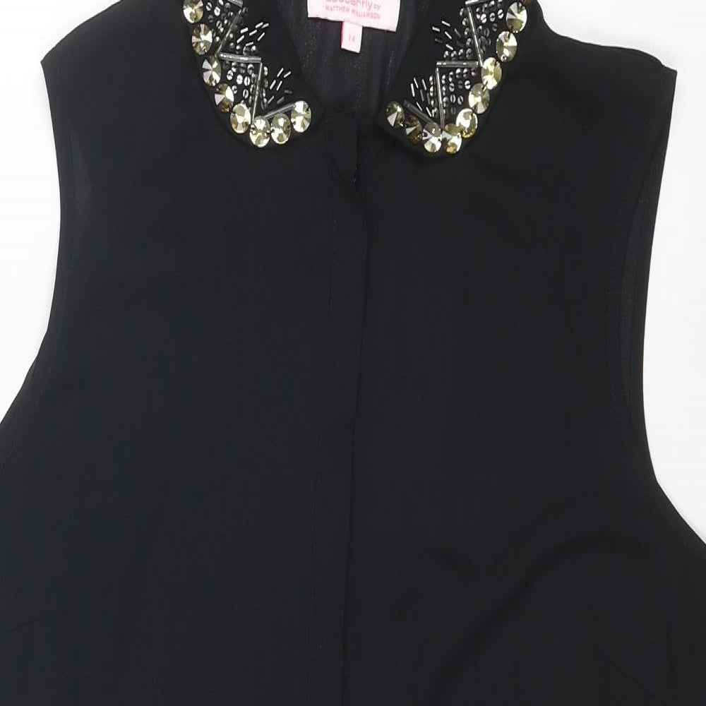 Butterfly by Matthew Williamson Womens Black Polyester Basic Button-Up Size 14 Collared - Embellished Collar