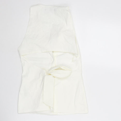 Zara Womens White Linen Basic Button-Up Size XS V-Neck - Cut Out Back Detail