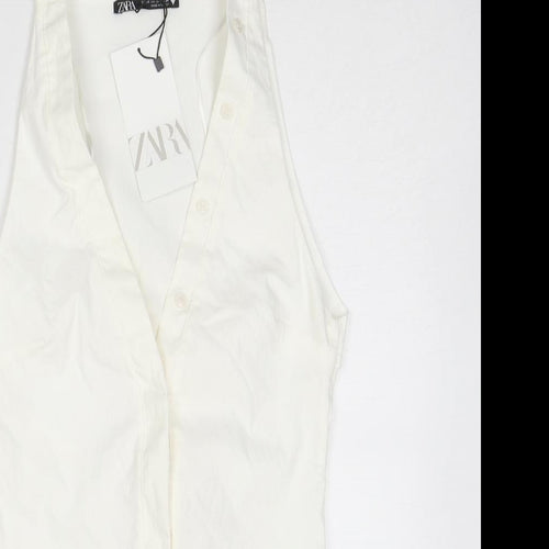 Zara Womens White Linen Basic Button-Up Size XS V-Neck - Cut Out Back Detail