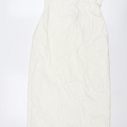Zara Womens Ivory Linen Slip Dress Size L Round Neck Zip