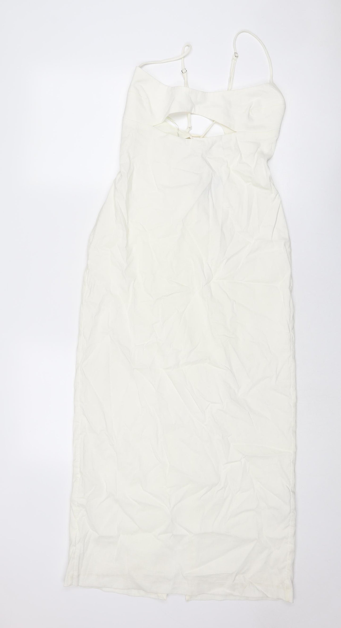 Zara Womens Ivory Linen Slip Dress Size L Round Neck Zip