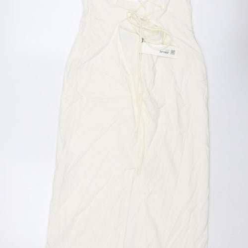 Zara Womens Ivory Linen Slip Dress Size L Round Neck Zip