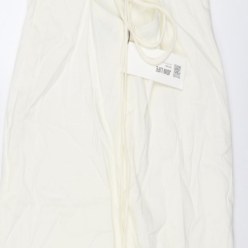 Zara Womens Ivory Linen Slip Dress Size L Round Neck Zip