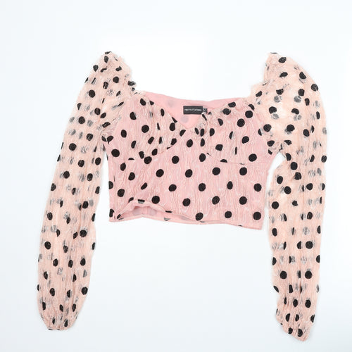 PRETTYLITTLETHING Womens Pink Polka Dot Polyester Cropped Blouse Size 12 Sweetheart