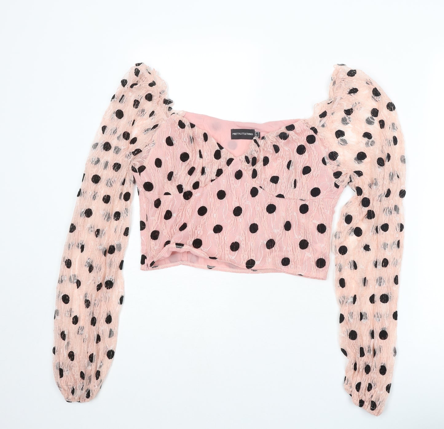 PRETTYLITTLETHING Womens Pink Polka Dot Polyester Cropped Blouse Size 12 Sweetheart