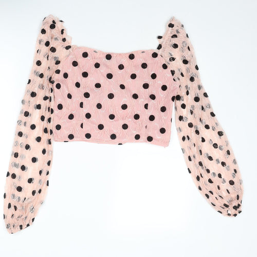 PRETTYLITTLETHING Womens Pink Polka Dot Polyester Cropped Blouse Size 12 Sweetheart