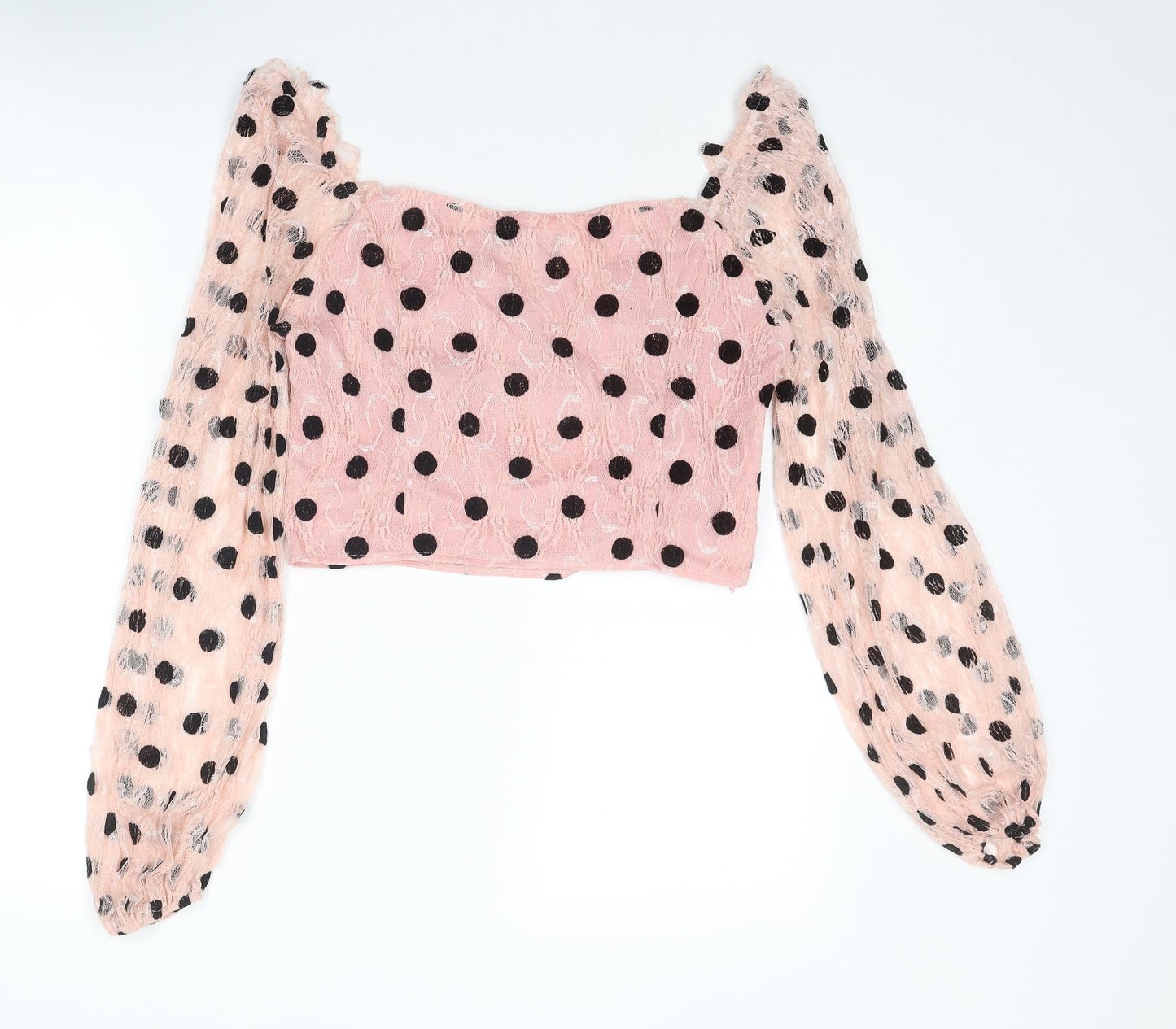 PRETTYLITTLETHING Womens Pink Polka Dot Polyester Cropped Blouse Size 12 Sweetheart