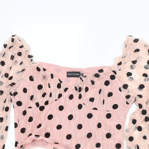 PRETTYLITTLETHING Womens Pink Polka Dot Polyester Cropped Blouse Size 12 Sweetheart
