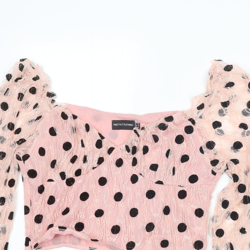 PRETTYLITTLETHING Womens Pink Polka Dot Polyester Cropped Blouse Size 12 Sweetheart