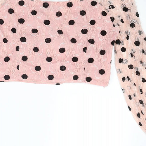 PRETTYLITTLETHING Womens Pink Polka Dot Polyester Cropped Blouse Size 12 Sweetheart