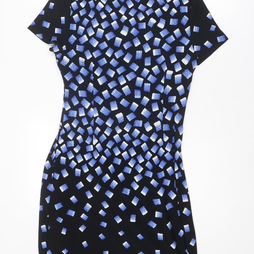 Precis Womens Blue Geometric Polyester Shift Size 10 V-Neck Pullover - Twist Detail
