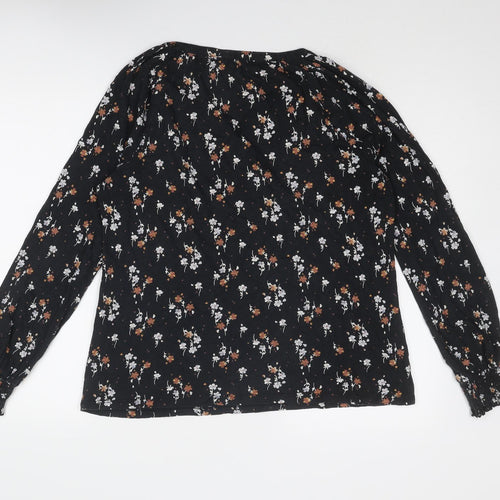 Fat Face Womens Black Floral Cotton Basic Blouse Size 12 Round Neck