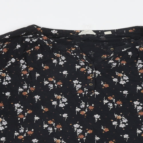 Fat Face Womens Black Floral Cotton Basic Blouse Size 12 Round Neck