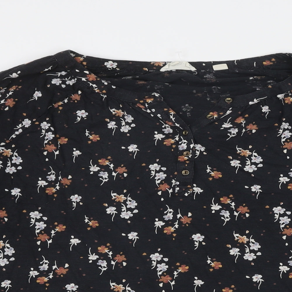 Fat Face Womens Black Floral Cotton Basic Blouse Size 12 Round Neck