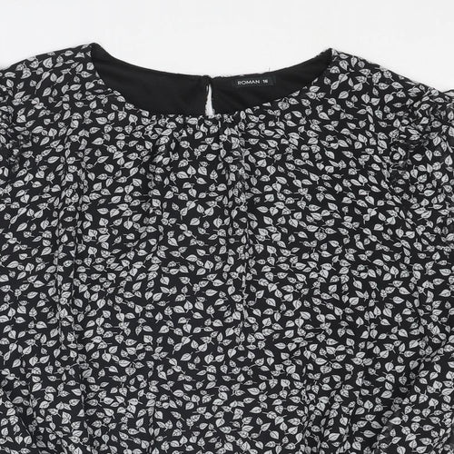 Roman Womens Black Geometric Polyester Basic Blouse Size 16 Boat Neck