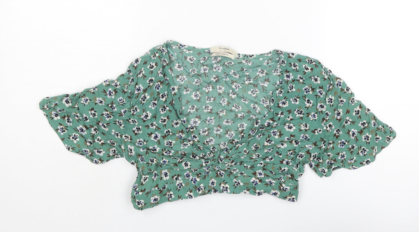 Pull&Bear Womens Green Floral Viscose Cropped Blouse Size M V-Neck