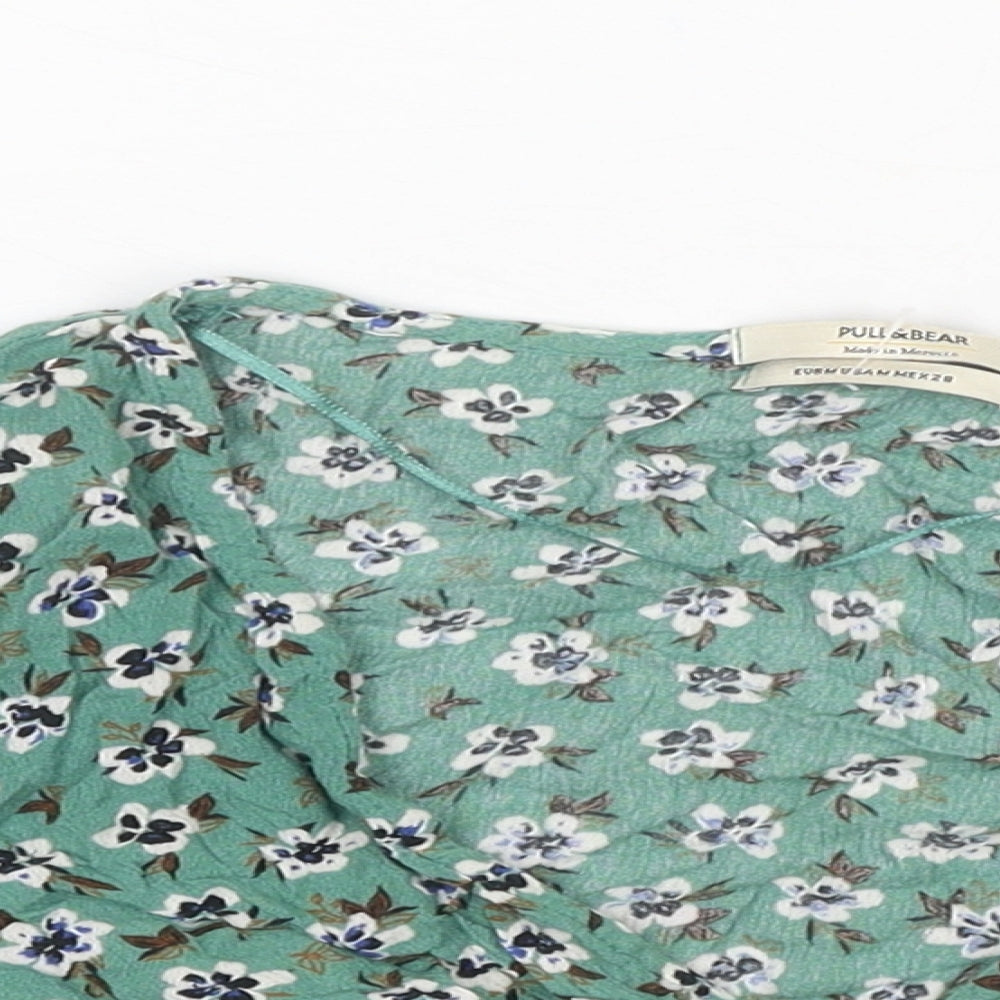 Pull&Bear Womens Green Floral Viscose Cropped Blouse Size M V-Neck