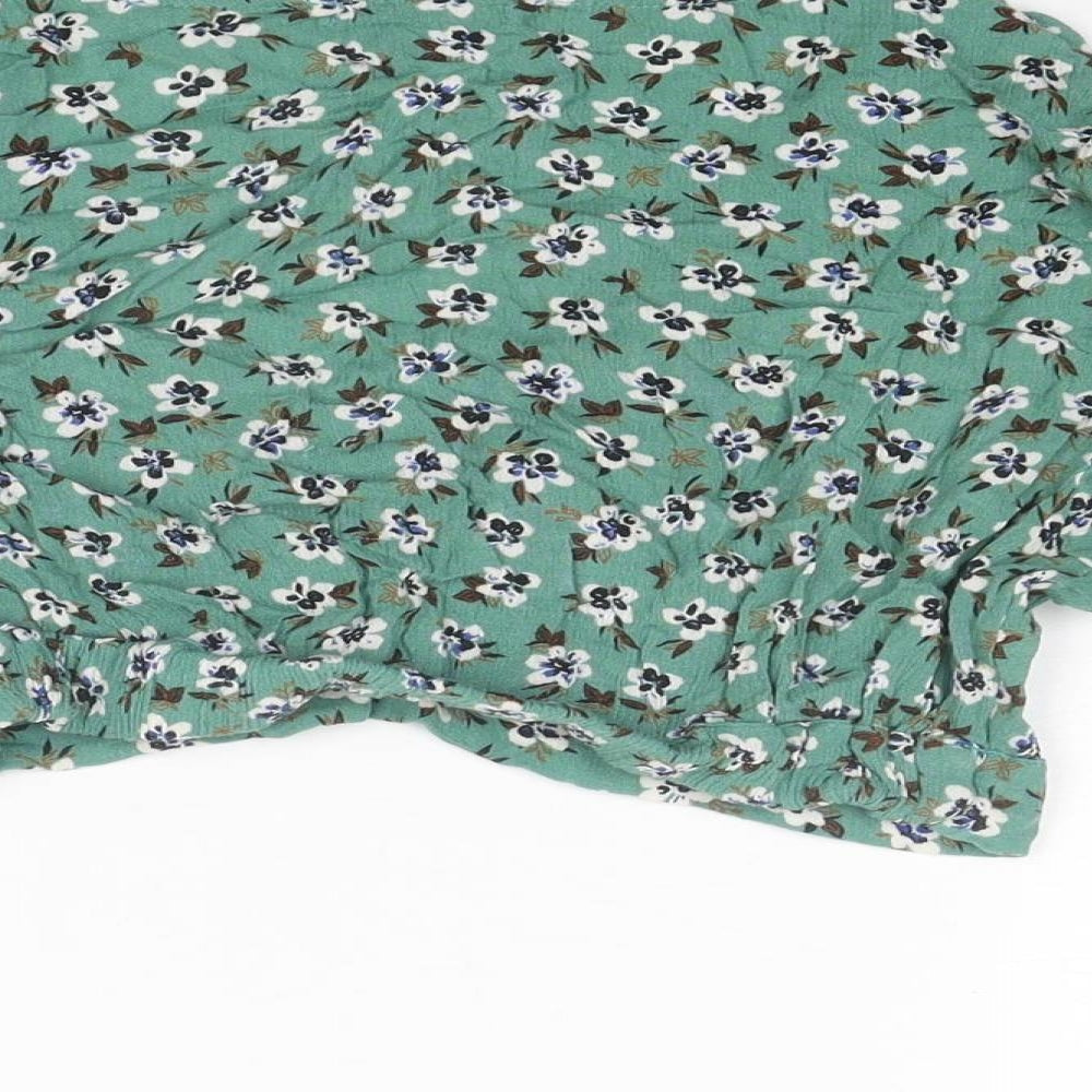 Pull&Bear Womens Green Floral Viscose Cropped Blouse Size M V-Neck