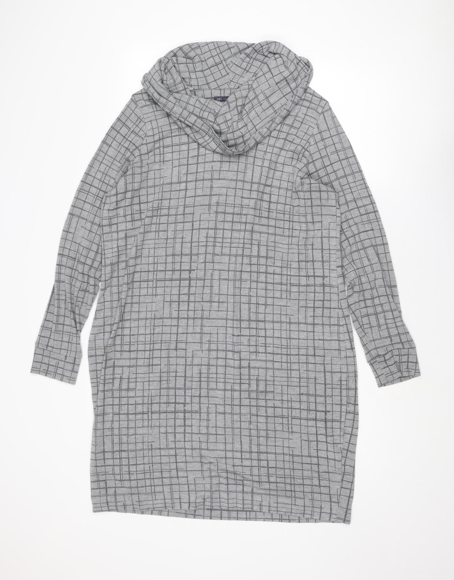 Marks and Spencer Womens Grey Geometric Polyester Jumper Dress Size 20 Cowl Neck Pullover