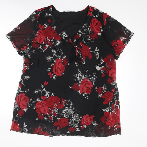 Bonmarché Womens Black Floral Polyester Basic Blouse Size 22 V-Neck