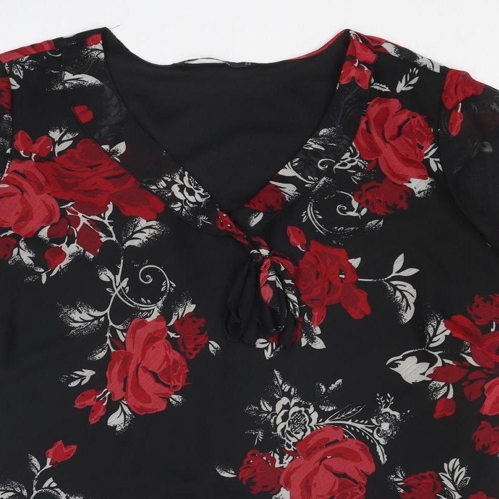 Bonmarché Womens Black Floral Polyester Basic Blouse Size 22 V-Neck