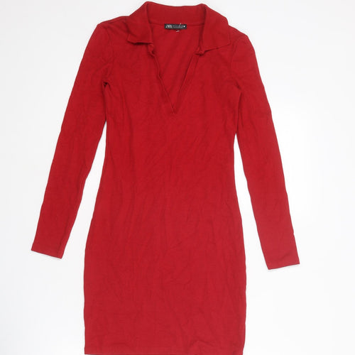 Zara Womens Red Cotton Shift Size S Collared Pullover