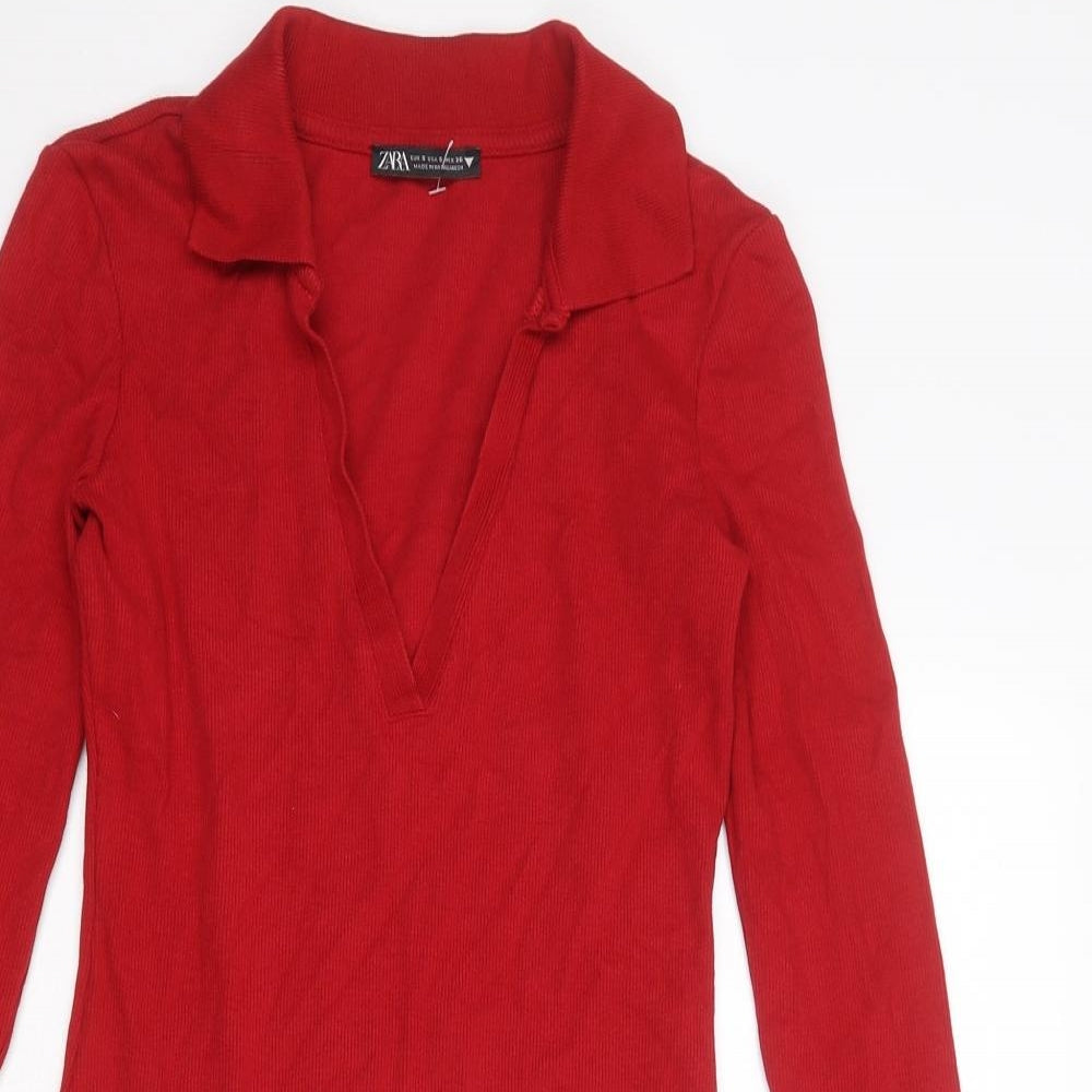 Zara Womens Red Cotton Shift Size S Collared Pullover