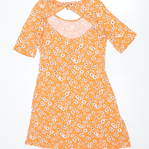 NEXT Womens Orange Floral Viscose A-Line Size 14 Round Neck Pullover - Open Back
