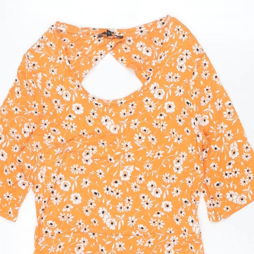 NEXT Womens Orange Floral Viscose A-Line Size 14 Round Neck Pullover - Open Back