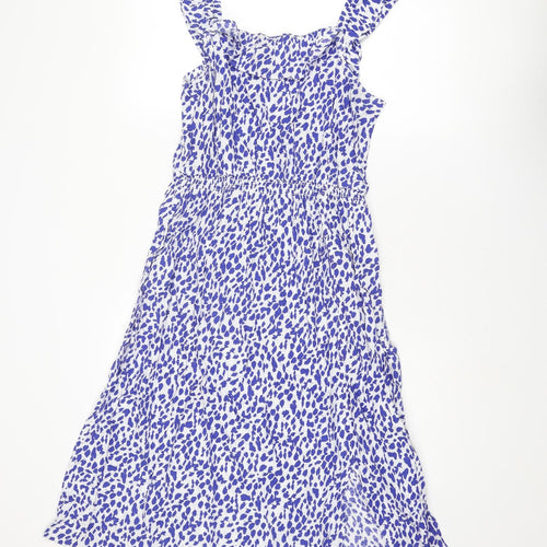 Marks and Spencer Womens Blue Animal Print Linen A-Line Size 14 Scoop Neck Pullover